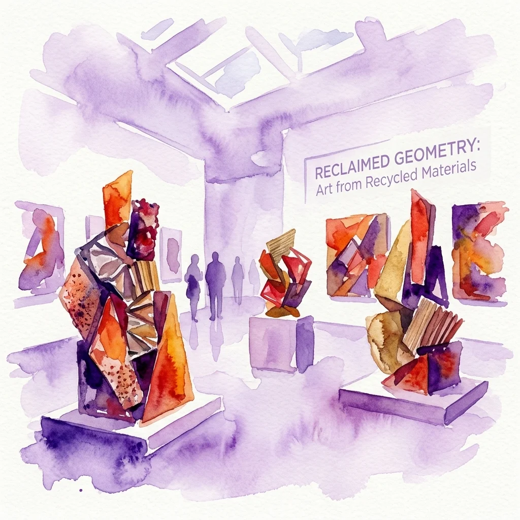 Ilustración en acuarela de una exposición de arte con esculturas geométricas abstractas hechas de materiales reciclados, con colores vivos y texturas variadas expuestas en una galería moderna.