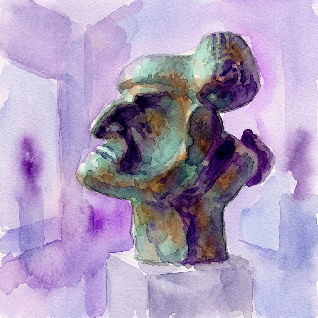 A bronze sculpture by Venancio Blanco titled 'La mirada del sentimiento', featuring an abstract human head with expressive features, set against a purple watercolor background.