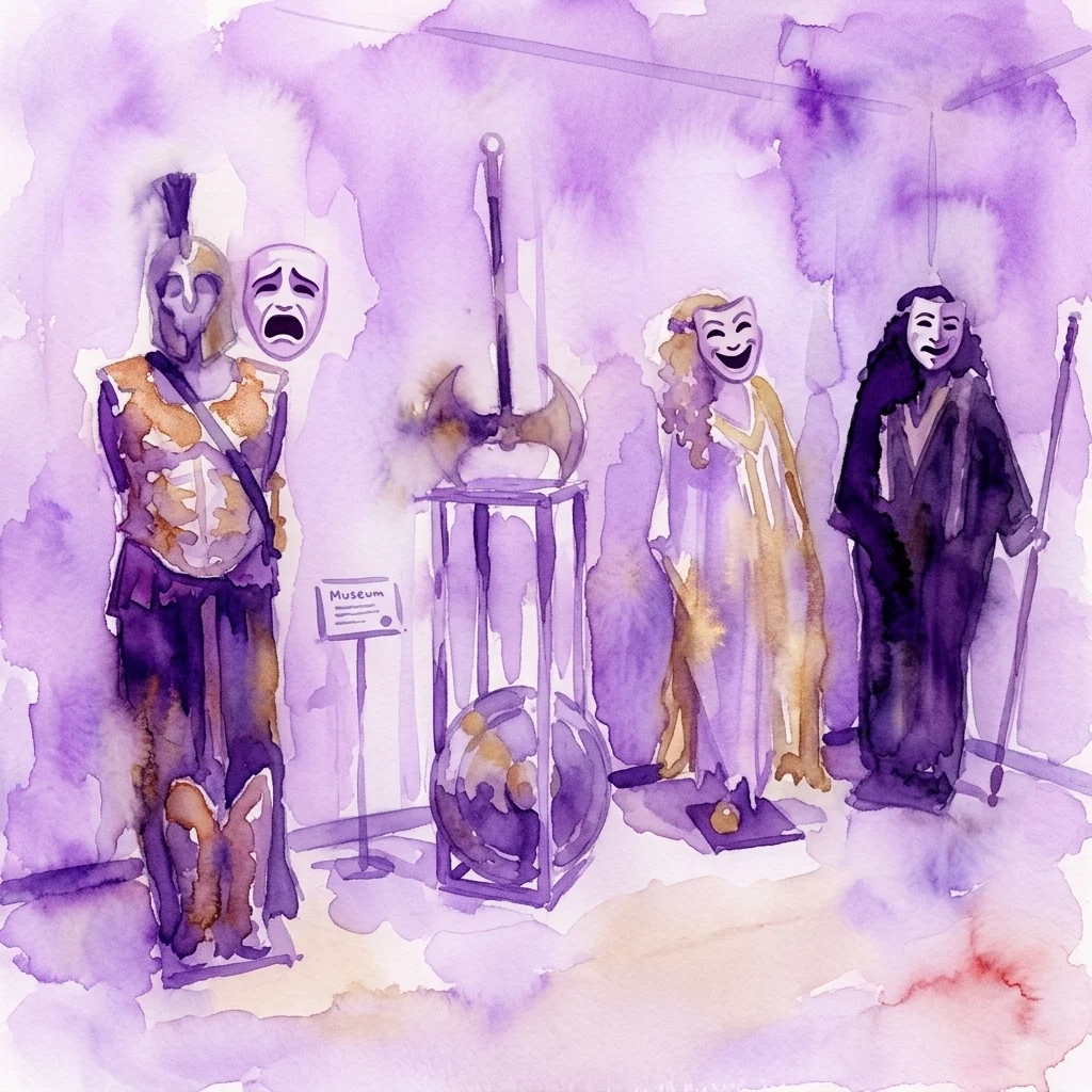 Waterverfillustratie van Griekse theaterkostuums en maskers, waaronder tragedie- en komediemaskers, een krijgeroutfit en een staf, die klassiek drama in een museumsetting oproepen.