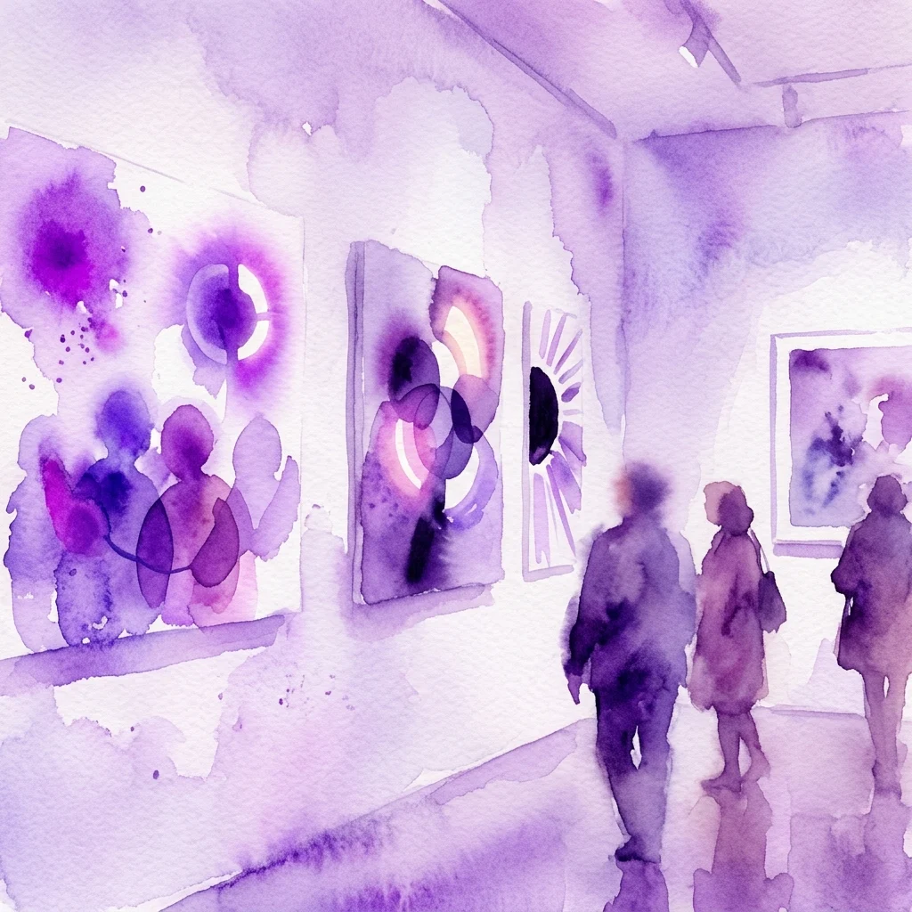 Ilustracja akwarelowa galerii sztuki z purpurowymi abstrakcyjnymi dziełami sztuki na białych ścianach, przedstawiająca sylwetki odwiedzających spacerujących po przestrzeni wystawienniczej.
