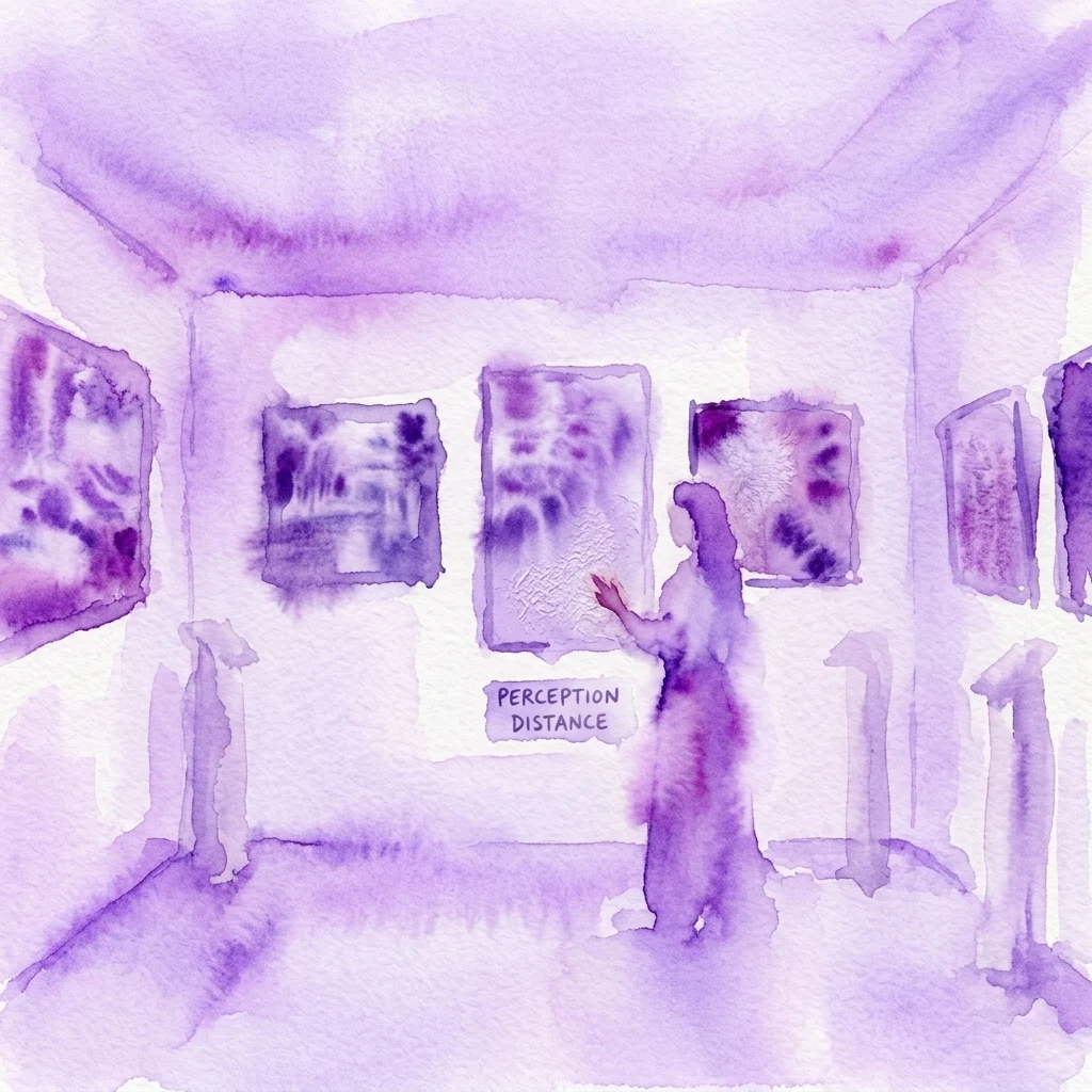 Een aquarelillustratie van een museumgalerij met paars getinte abstracte kunstwerken, met een persoon die een tactiel kunstwerk aanraakt met het label 'PERCEPTION DISTANCE' in een tentoonstelling van een visueel beperkte kunstenaar.