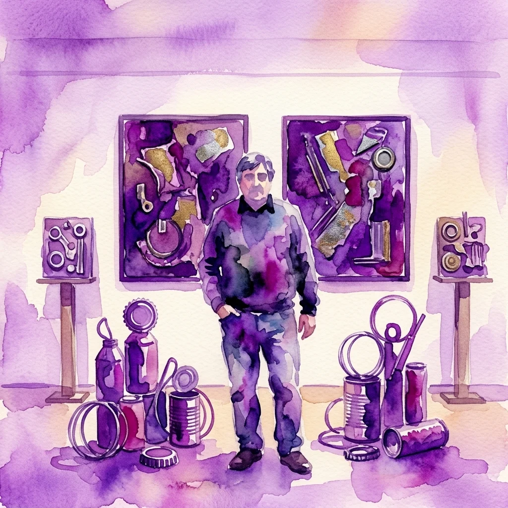 Kunstenaar XavierE staat in een galerie omringd door zijn sculpturen en reliëfs, gemaakt van gerecyclede materialen zoals conservenblikjes en doppen, tentoongesteld in een paars getinte aquarel-stijl.