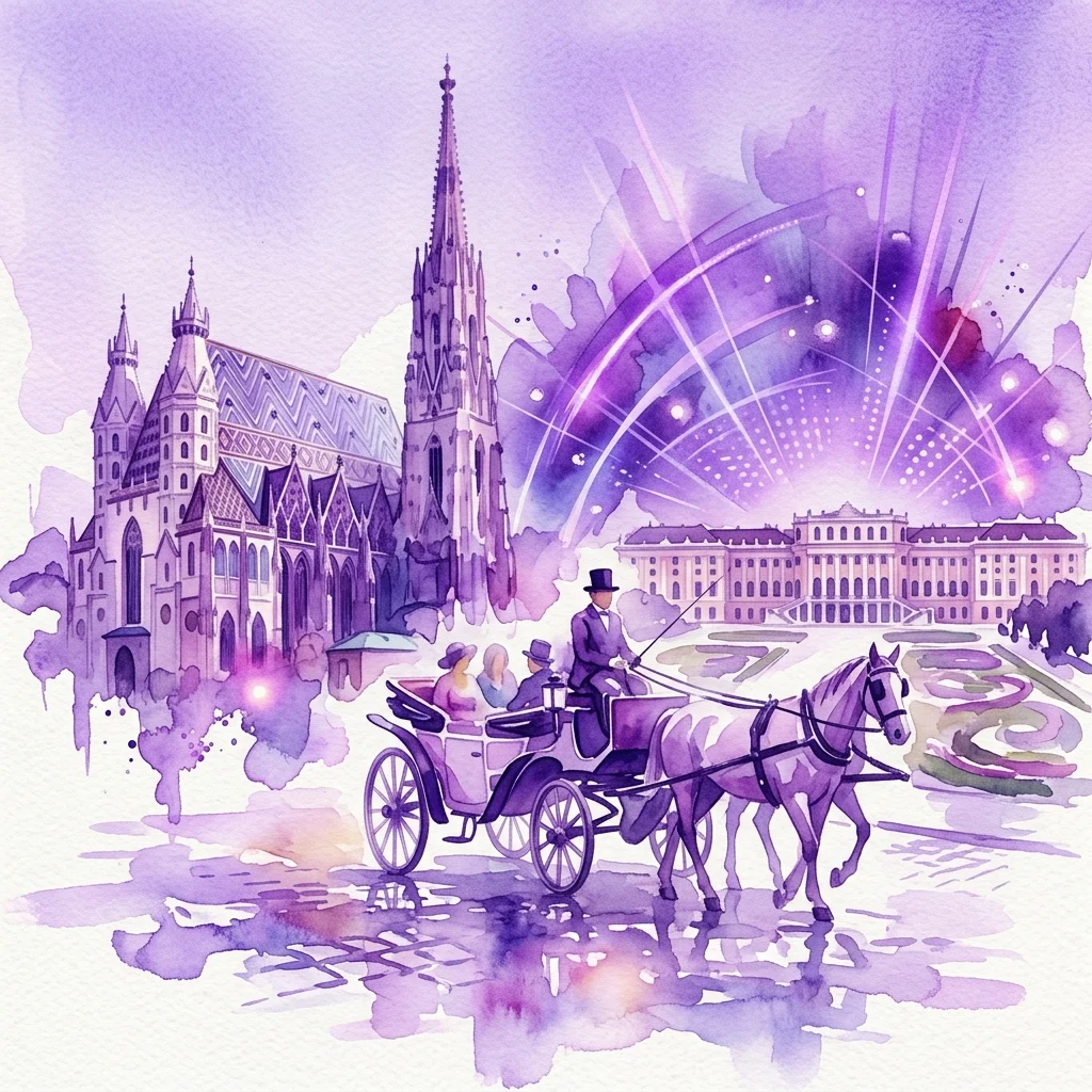 Ilustracja akwarelowa przejażdżki powozem Fiaker w Wiedniu, przedstawiająca Katedrę św. Szczepana i Pałac Schönbrunn z dynamicznymi efektami fioletowego światła symulującymi podróż w czasie.