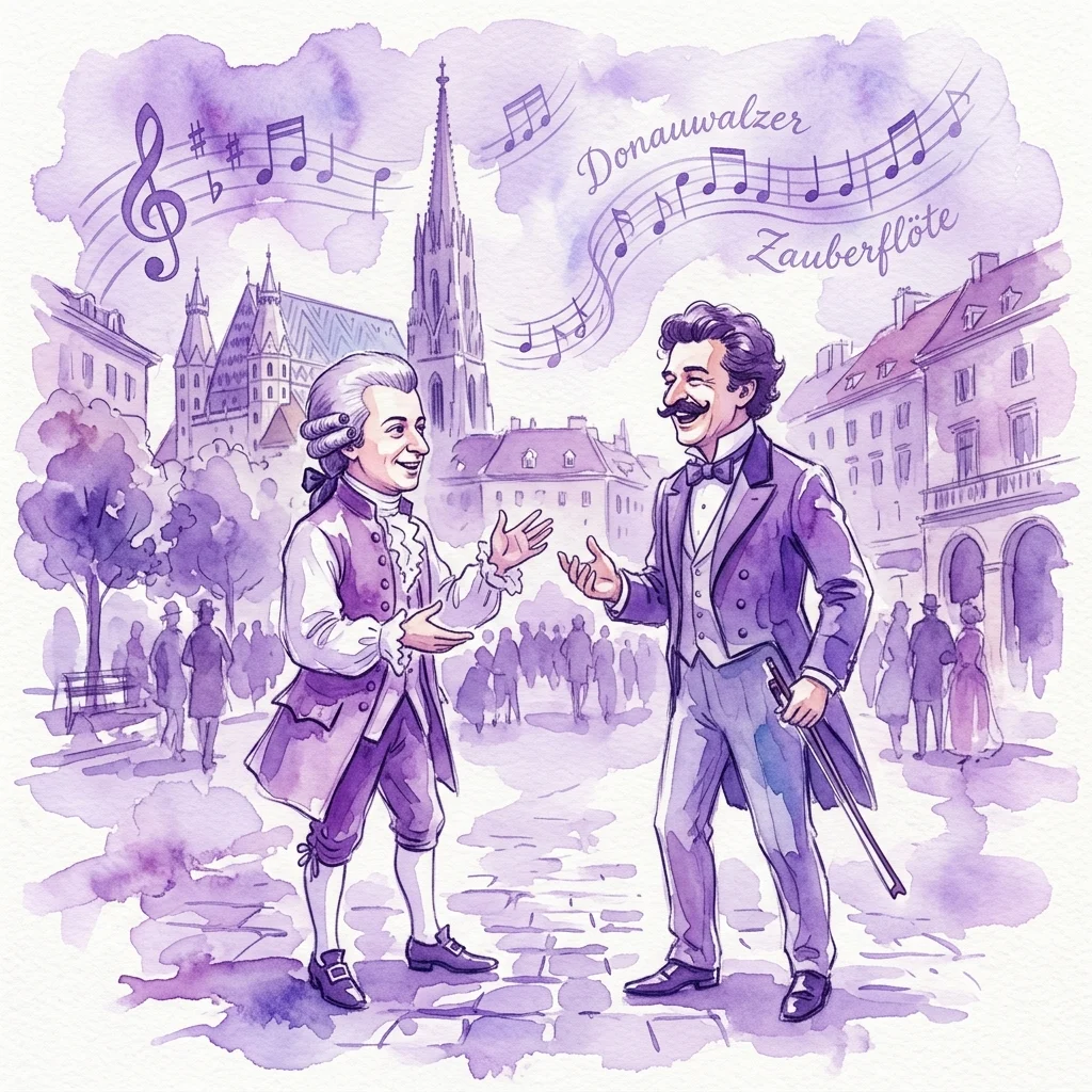 Kapryśna ilustracja akwarelowa przedstawiająca Wolfganga Amadeusza Mozarta i Johanna Straussa Syna podczas rozmowy na wiedeńskiej ulicy, otoczonych nutami i charakterystycznymi punktami miasta, łącząca style XVIII i XIX wieku.
