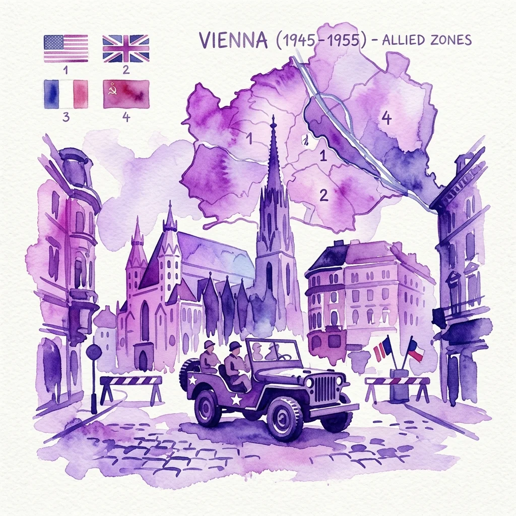 Ilustracja akwarelowa Wiednia (1945-1955) przedstawiająca alianckie strefy okupacyjne, wojskowego jeepa z żołnierzami oraz mapę podzieloną na cztery strefy reprezentujące USA, Wielką Brytanię, Francję i Związek Radziecki.