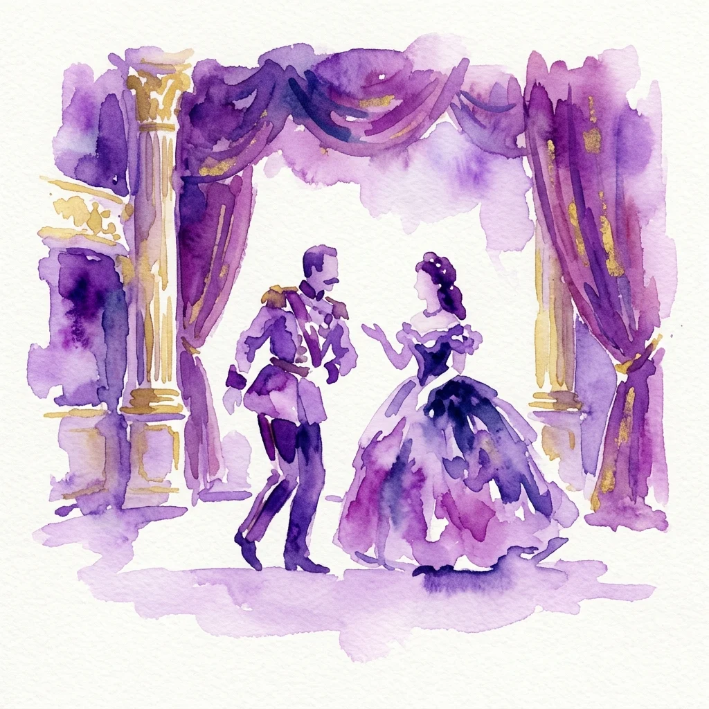 Ilustracja akwarelowa przedstawiająca mężczyznę i kobietę w historycznych strojach z epoki Habsburgów na scenie z purpurową draperią i złotymi kolumnami, reprezentująca scenę z The Habsburg Show.