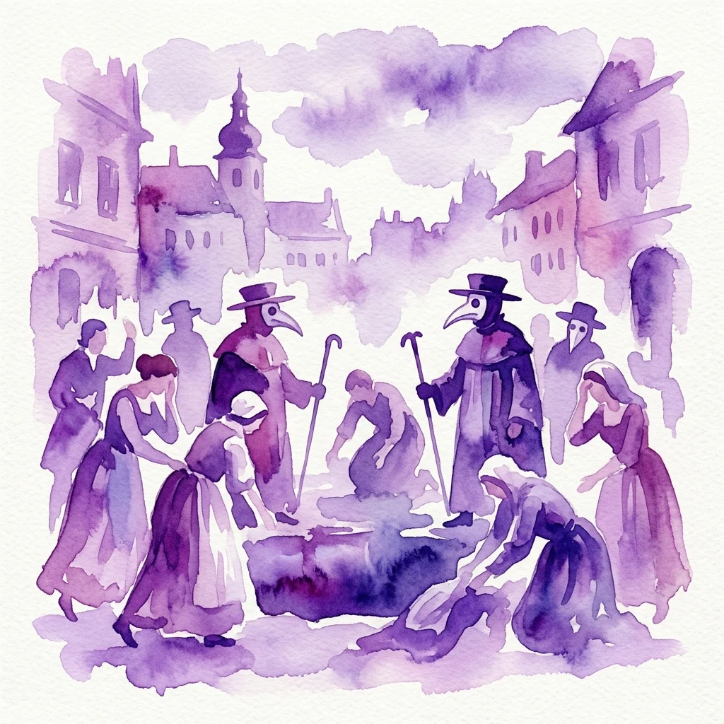 Ilustracja akwarelowa sceny z dołu zmarłych na zarazę w XVII-wiecznym Wiedniu, przedstawiająca lekarzy zarazy w maskach z dziobami i opłakujących obywateli, na tle zabytkowych budynków.