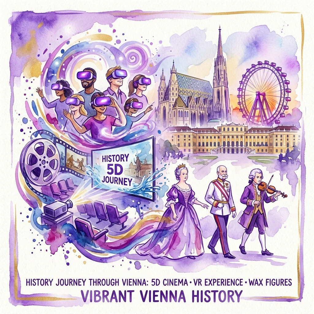 Ilustrowana scena przedstawiająca odwiedzających korzystających z gogli VR w kinie 5D, z animowanymi figurami woskowymi postaci historycznych i wiedeńskich zabytków, takich jak Katedra św. Szczepana i diabelski młyn (Riesenrad), w tle.