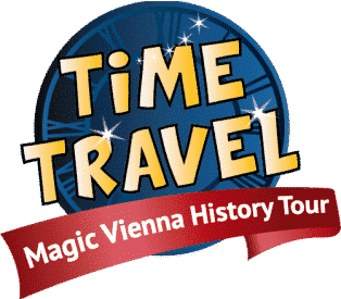 Logo Time Travel Vienna z żółtym tekstem na niebieskim, przypominającym zegar tle i czerwonym banerze z białym tekstem