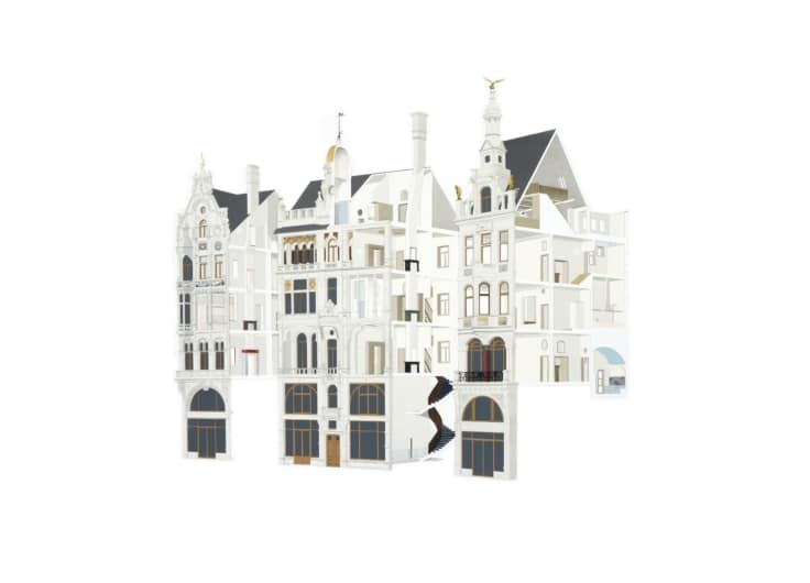 Ilustración estilizada de la fachada de un edificio europeo con múltiples elementos arquitectónicos, que presenta detalles en blanco y negro con variadas ventanas y puertas.