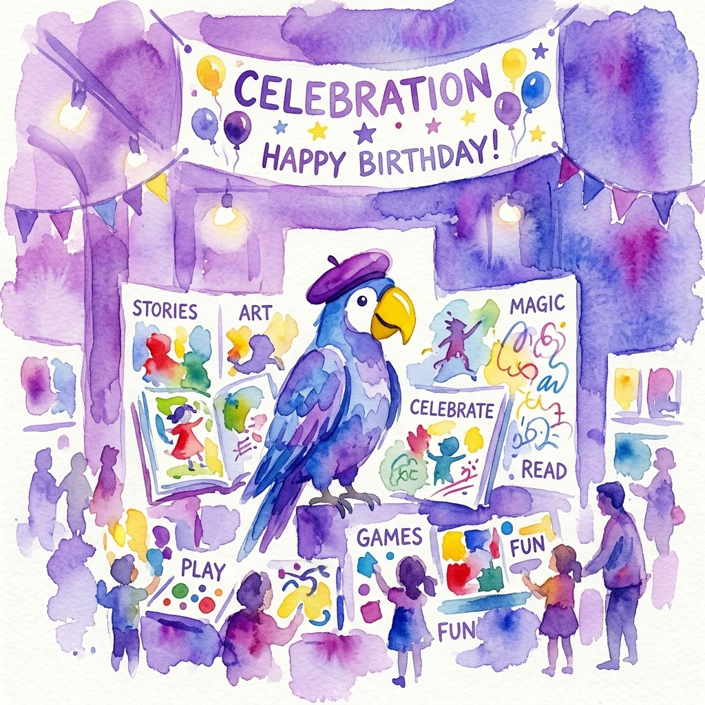 Watercolor illustration of the Happy Birthday Globi exhibition featuring a blue parrot with a beret, surrounded by interactive story, art, and game displays.