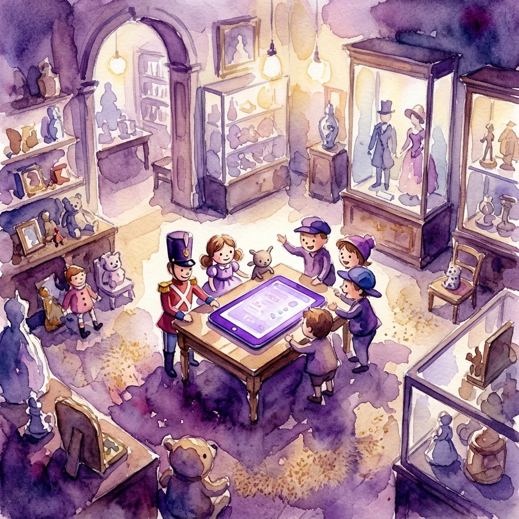 Caprichosa ilustración en acuarela de una galería de museo donde figuras de juguete en miniatura y niños interactúan con una tableta, rodeados por vitrinas de juguetes antiguos.