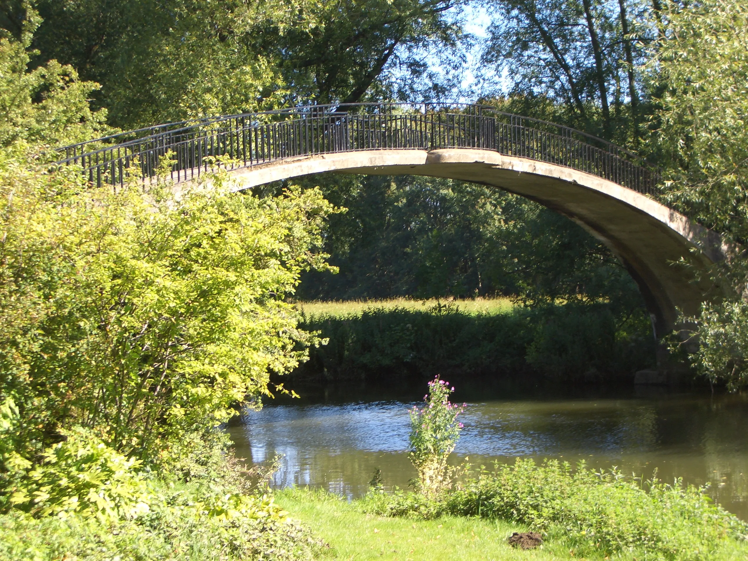 Rainbow Bridge over de rivier de Cherwell, omringd door weelderige groene bomen en vegetatie in de Oxford University Parks