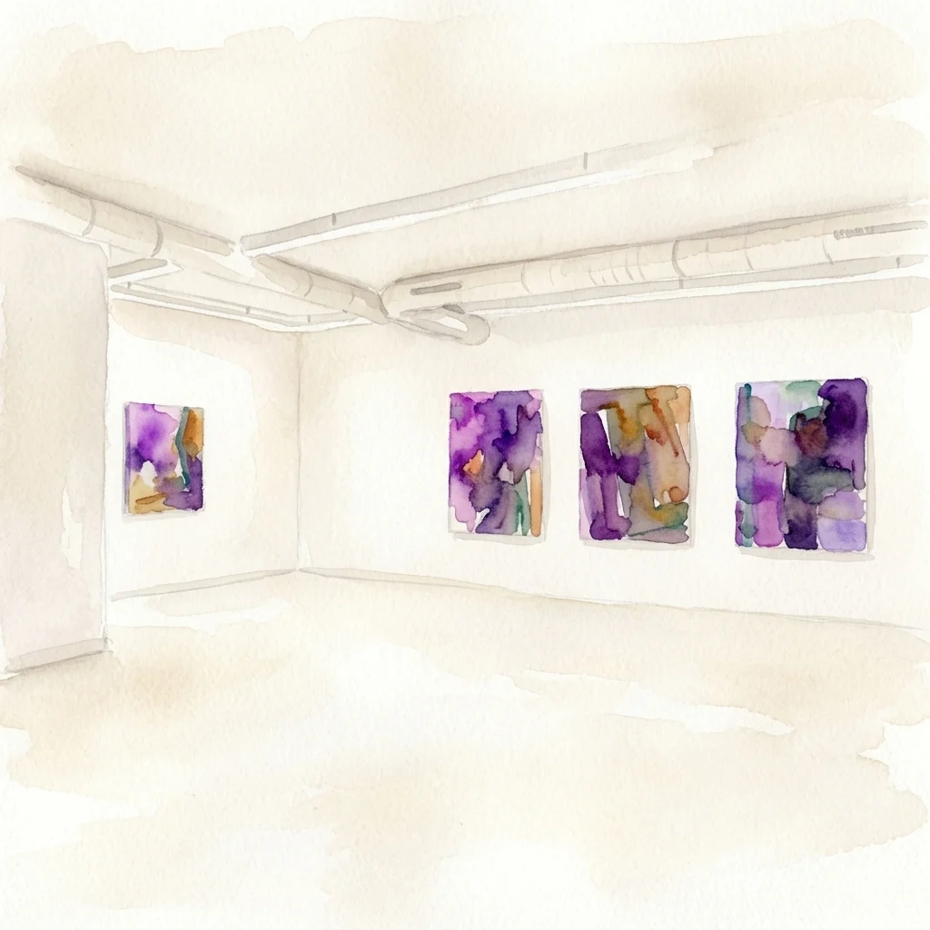 Aquarelillustratie van een licht galerij-interieur met vier abstracte schilderijen in paarse en aardse tinten voor de Bordea-tentoonstelling van Gabriel Coca.