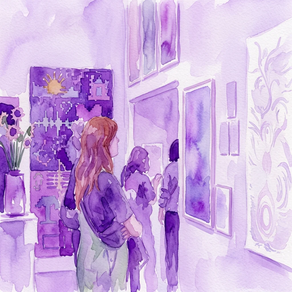 Una ilustración en acuarela de visitantes contemplando obras de arte contemporáneo en una galería, representando la exposición Nieuwelingen 2024 en el Museo Van Eesteren con artistas emergentes de Nieuw-West.
