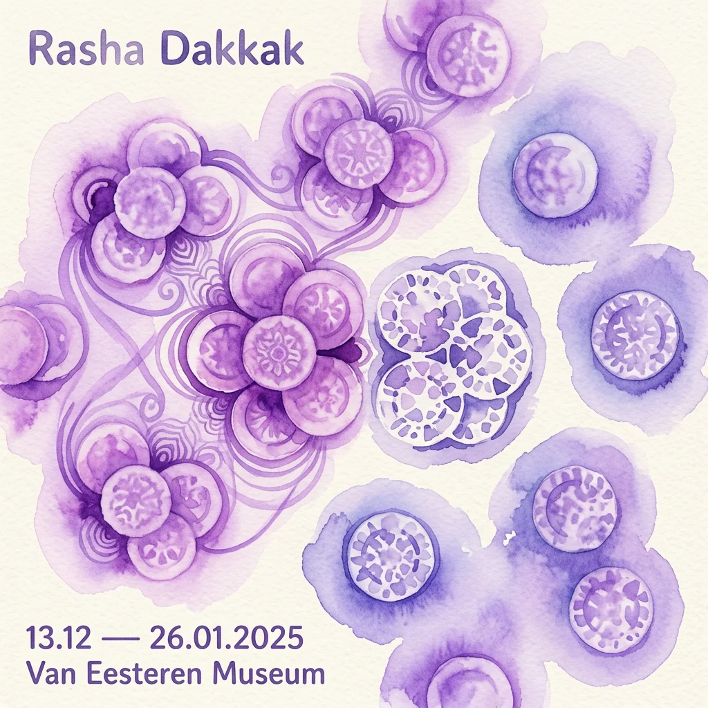 Art installation by Rasha Dakkak featuring custom-designed dinner plates with intricate purple graphic patterns, symbolizing themes of belonging and otherness in a diverse city.
