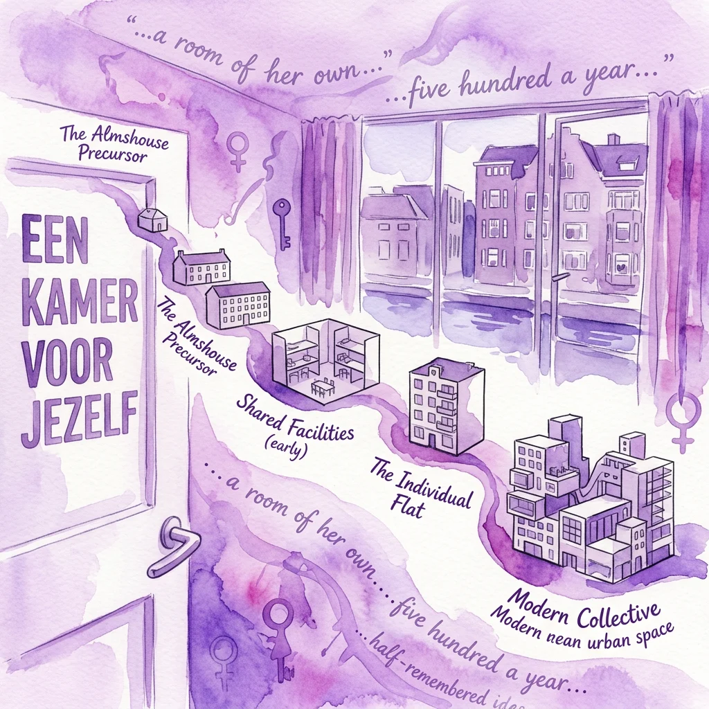 Illustration of the 'Een Kamer Voor Jezelf' exhibition, showing a timeline of housing types for women in Amsterdam, from The Almshouse to modern collective spaces, inspired by Virginia Woolf's essay.