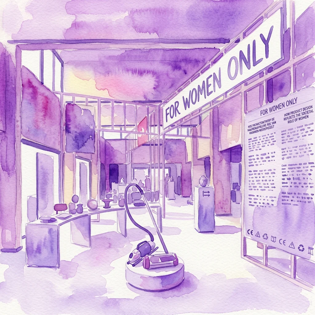 Watercolor illustration of the 'For Women Only' exhibition at a museum, featuring vintage household items like a vacuum cleaner and display tables under a purple-hued sign.