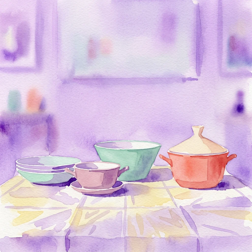 Ilustración en acuarela de colorida vajilla holandesa de mediados de siglo moderno, que incluye cuencos, una taza de té y una olla con tapa, exhibida sobre un mantel estampado en colores pastel suaves.