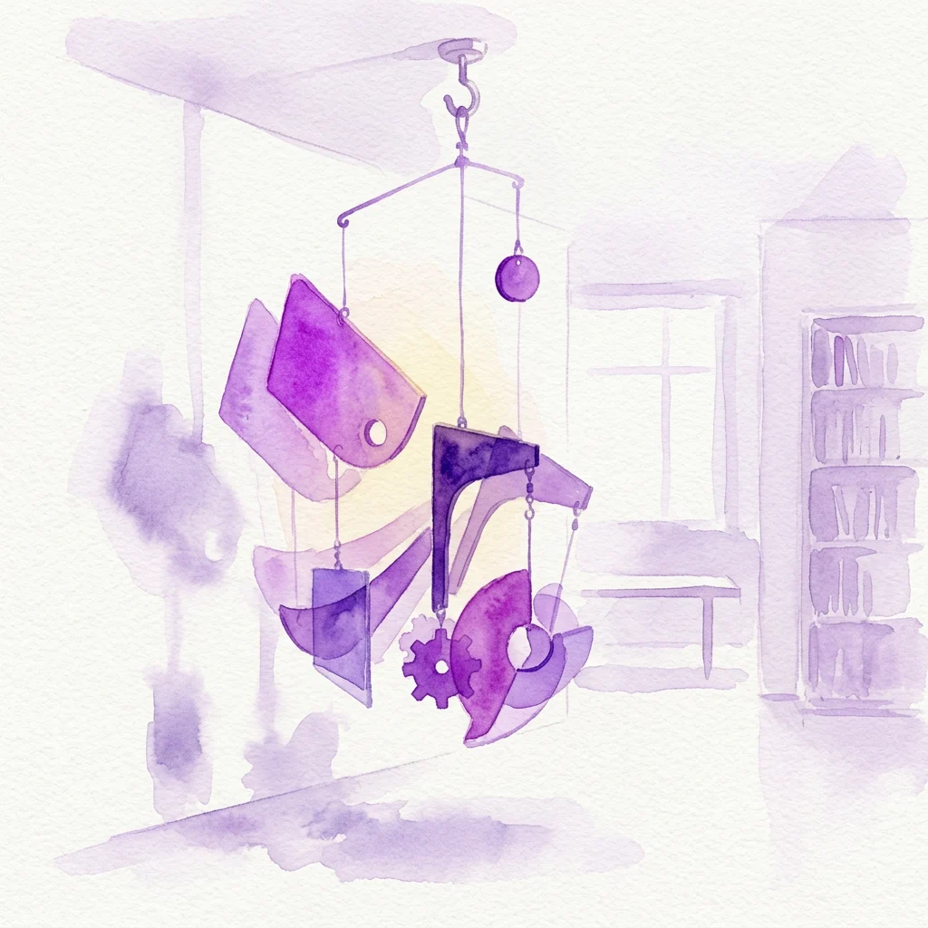 Una ilustración en acuarela de una escultura móvil cinética morada, inspirada en una lámpara vintage, colgada en un apartamento-museo con formas geométricas giratorias que proyectan sombras.