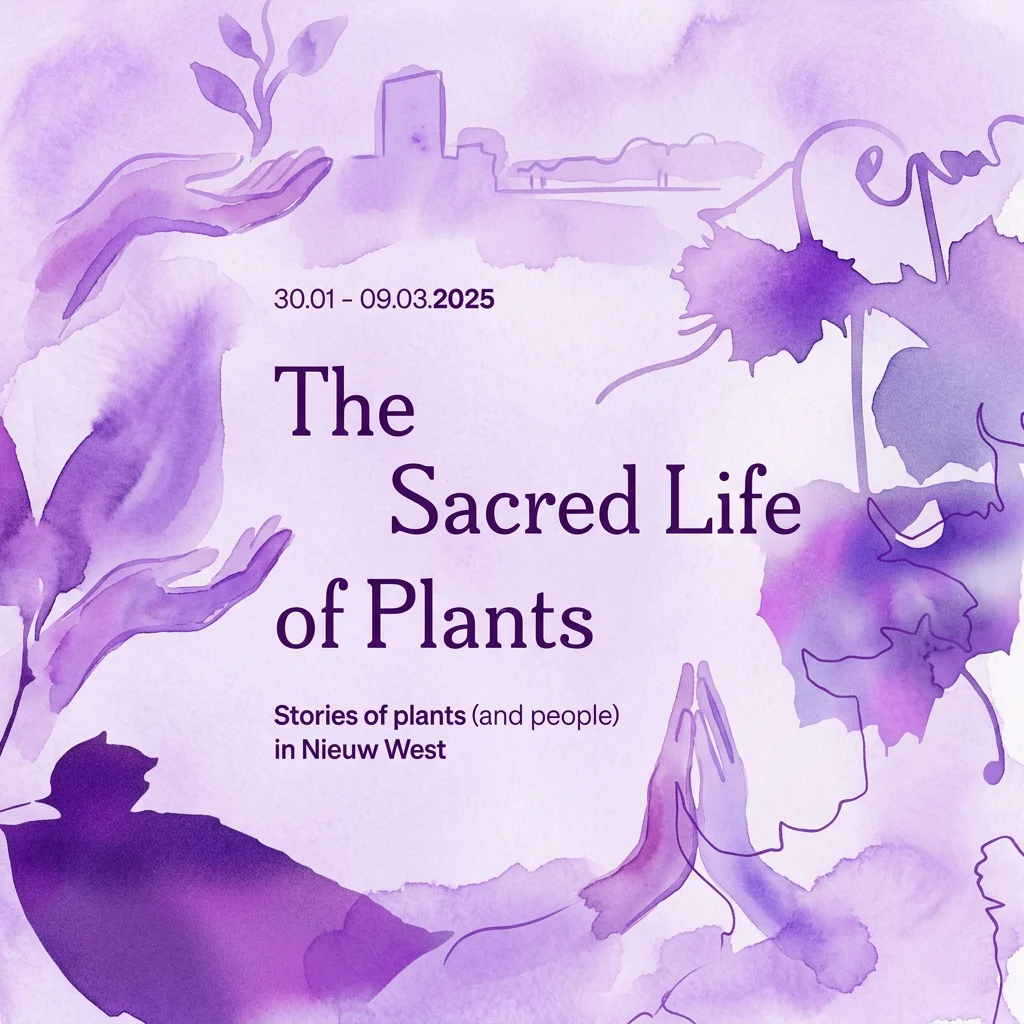 Ilustración artística en acuarela púrpura de manos interactuando con plantas, promoviendo la exposición 'The Sacred Life of Plants' en Nieuw West, del 30 de enero al 9 de marzo de 2025.