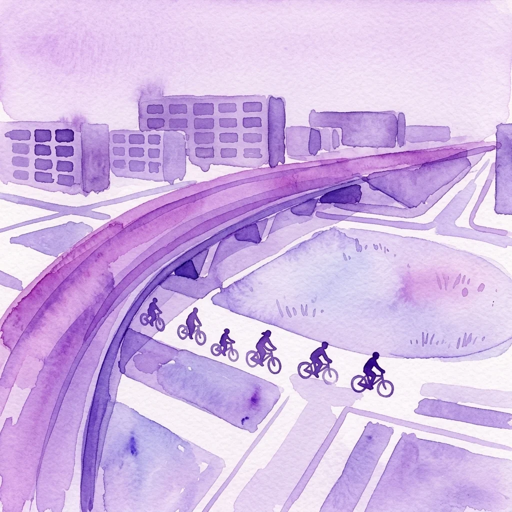 Een aquarelillustratie van een fietstocht in Amsterdam Nieuw-West, met fietsers op een weg met modernistische gebouwen en een gebogen brug op de achtergrond.