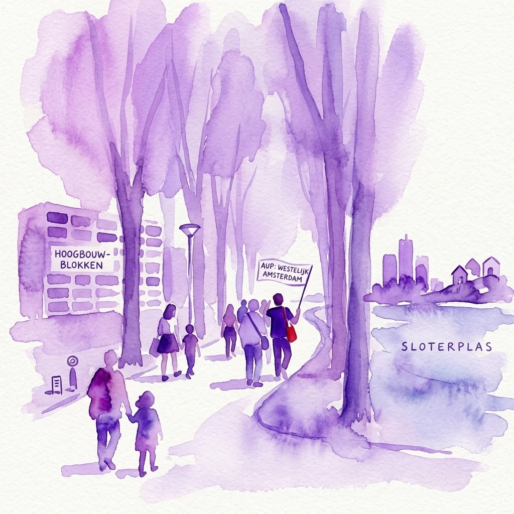 Ilustracja akwarelowa grupy podczas spaceru z przewodnikiem po Slotermeer w Amsterdamie, z ludźmi trzymającymi znak z napisem 'AUP: WESTELIJK AMSTERDAM', przechodzącymi obok 'HOOGBOUW-BLOKKEN' i 'SLOTERPLAS' pod fioletowymi drzewami.