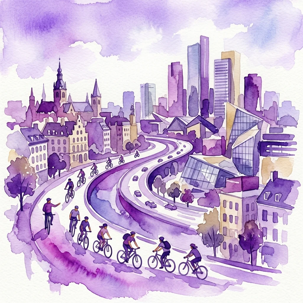 Een aquarelillustratie van een begeleide fietstour langs een gebogen ringweg in een stedelijk landschap, met fietsers die diverse architectuur verkennen van historische tot moderne gebouwen onder een paars getinte hemel.