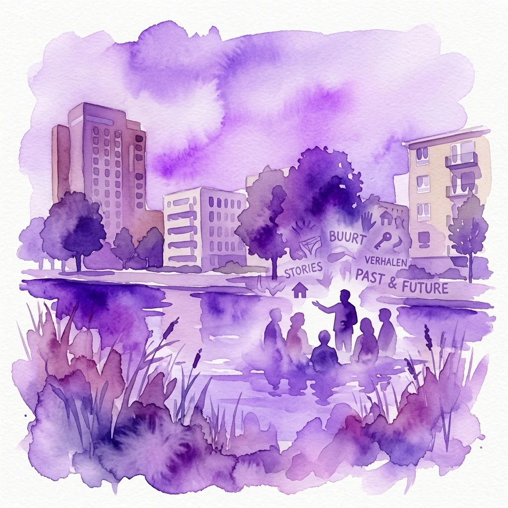 Ilustración en acuarela de un tour guiado a pie por Kolenkitbuurt en Ámsterdam, con edificios, árboles y personas explorando el pasado y el futuro del vecindario con superposiciones de texto como 'BUURT', 'VERHALEN' y 'PAST & FUTURE'.