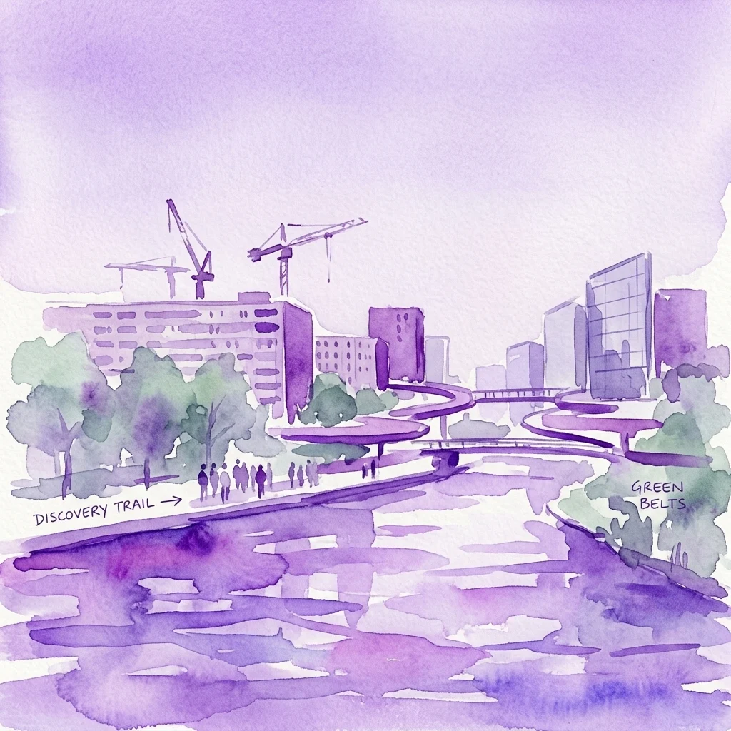 Een aquarelillustratie van een modern stedelijk landschap in Osdorp, met een ontdekkingstocht langs een rivier, groene stroken, hoogbouw en bouwkranen, die stedelijke ontwikkeling en groene ruimtes benadrukken.