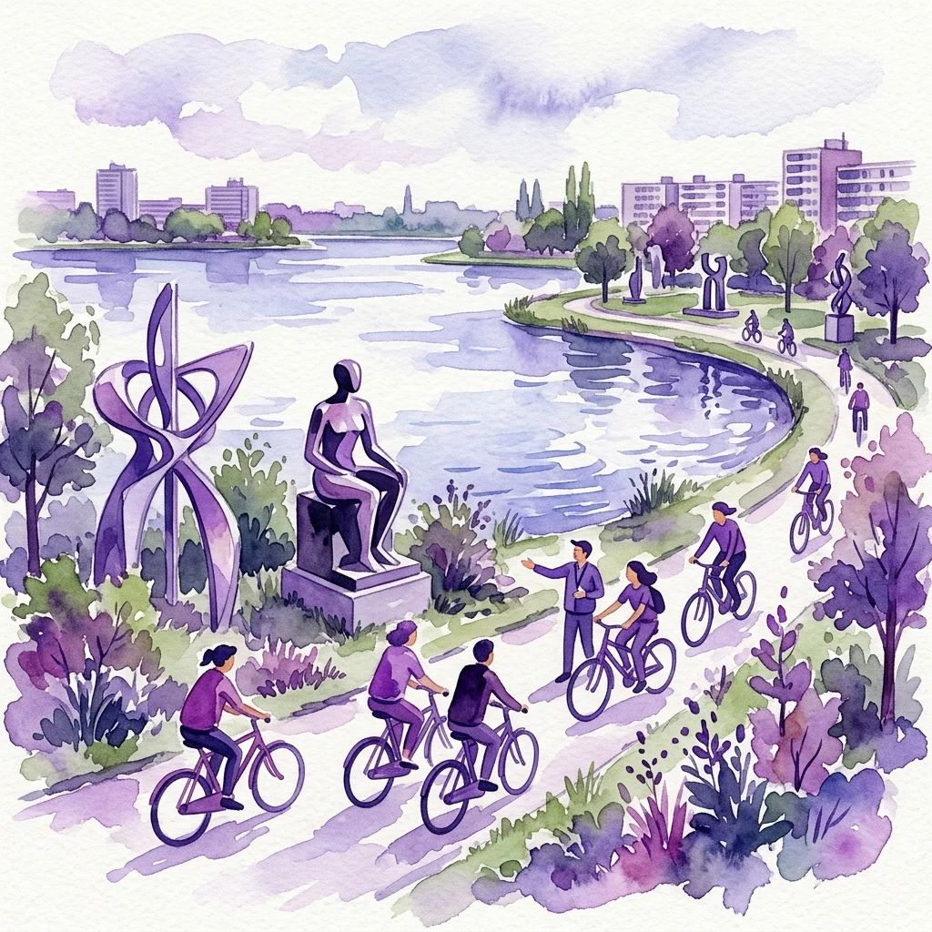 Een aquareltekening van een fietstocht langs de Sloterplas, met mensen die langs abstracte en figuratieve sculpturen fietsen in een groen stedelijk landschap met naoorlogse architectuur op de achtergrond.