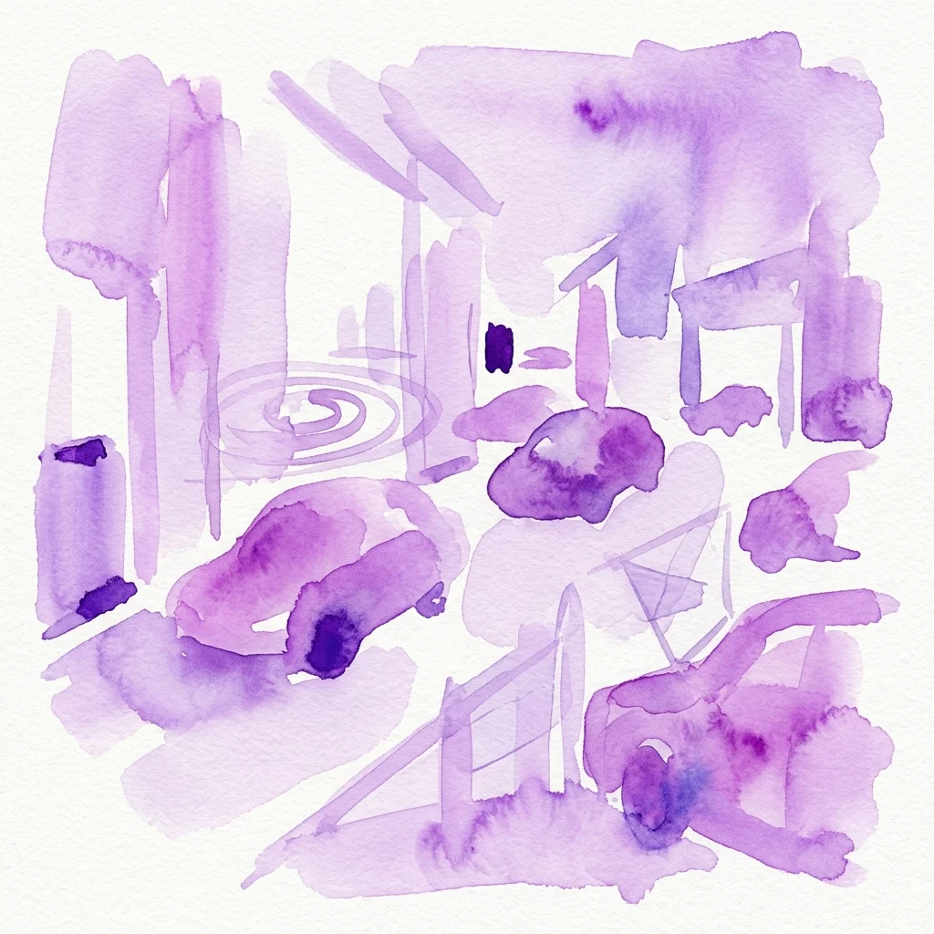 Obra de arte abstracta en acuarela en tonos púrpuras y lavanda, con formas y figuras abstractas sobre papel blanco, que representan temas de movilidad y desarrollo urbano.