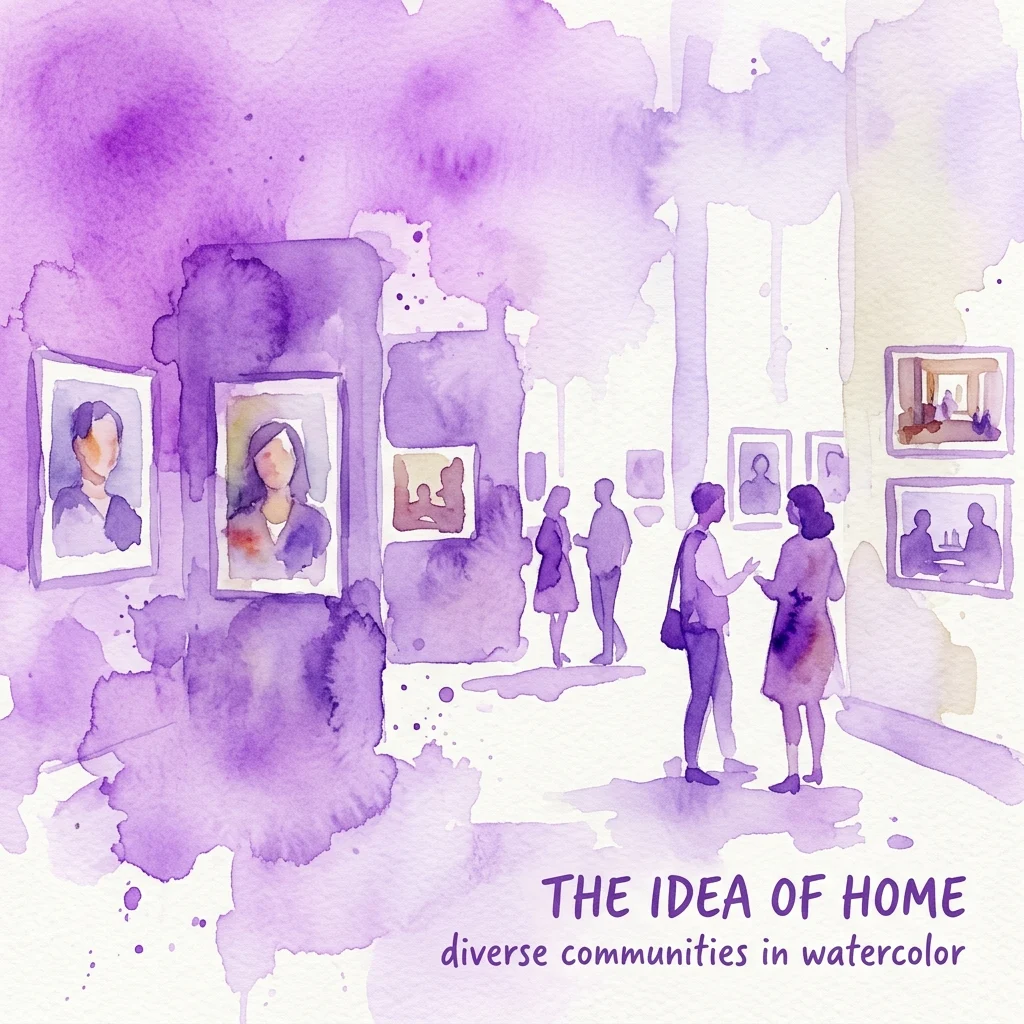 Waterverfillustratie van een kunstgalerie met bezoekers die portretten aan de muren bekijken, gethematiseerd 'The Idea of Home: diverse communities in watercolor'.