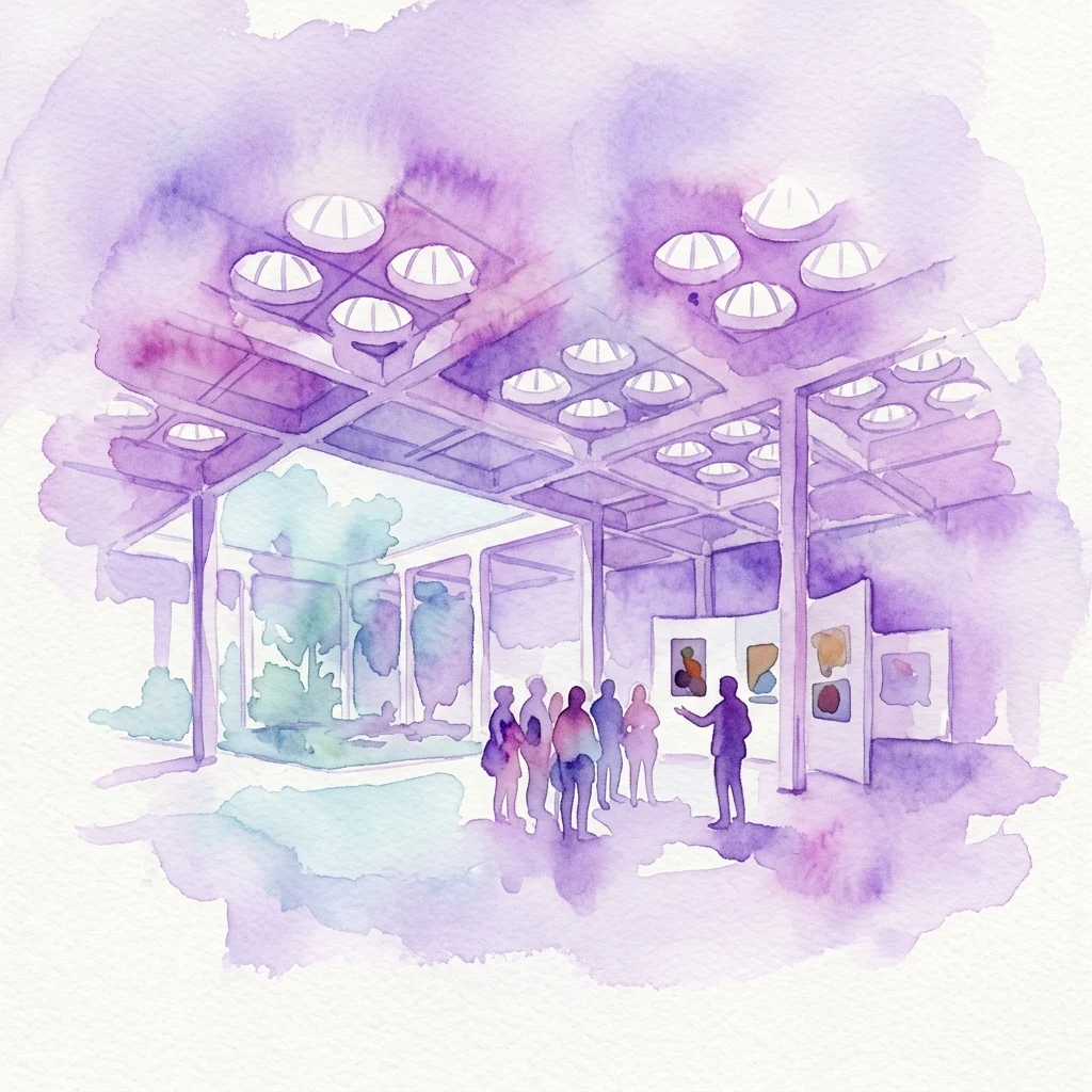 Una ilustración en acuarela de una visita guiada dentro del Burgerweeshuis, mostrando a los visitantes observando arte bajo su distintivo techo abovedado y patios.