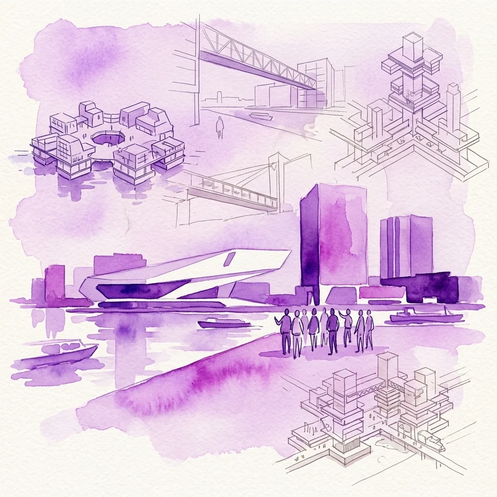Een aquarelillustratie van een wandelgroep in Amsterdam-Noord, die moderne architectuur observeert met overlappende historische schetsen van geplande ontwikkelingen, die de evolutie van stadsplanning in het gebied illustreren.