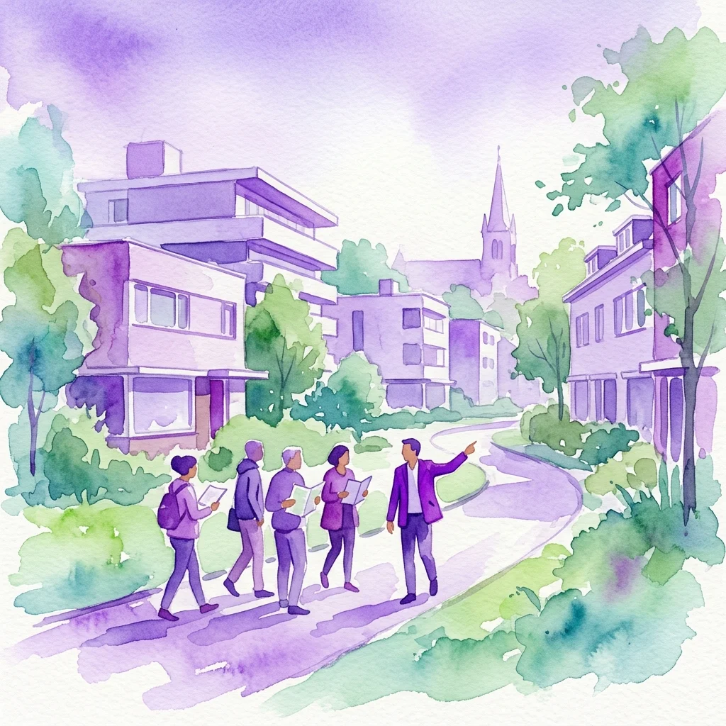 A watercolor illustration of a guided walking tour in Watergraafsmeer, Amsterdam, featuring a group exploring modernist architecture and green spaces from the 1935 Algemeen Uitbreidingsplan.