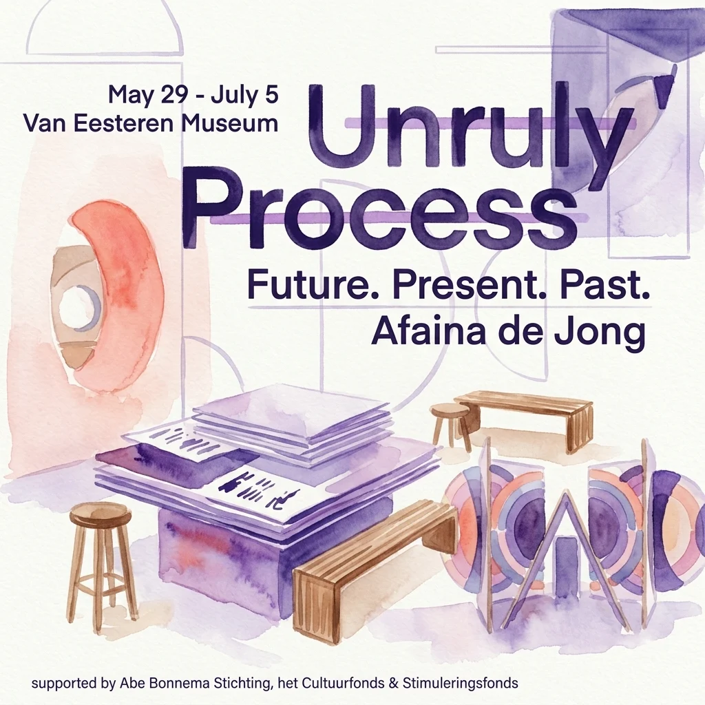 Ilustración en acuarela para la exposición 'Unruly Process' de Afaina de Jong en el Van Eesteren Museum, que representa el mobiliario de la galería y formas geométricas abstractas.