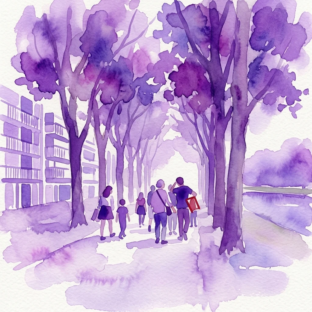 A watercolor illustration of a guided walking tour through the modernist Slotermeer neighborhood in Amsterdam, with participants walking along a tree-lined path near mid-century architecture and a canal.