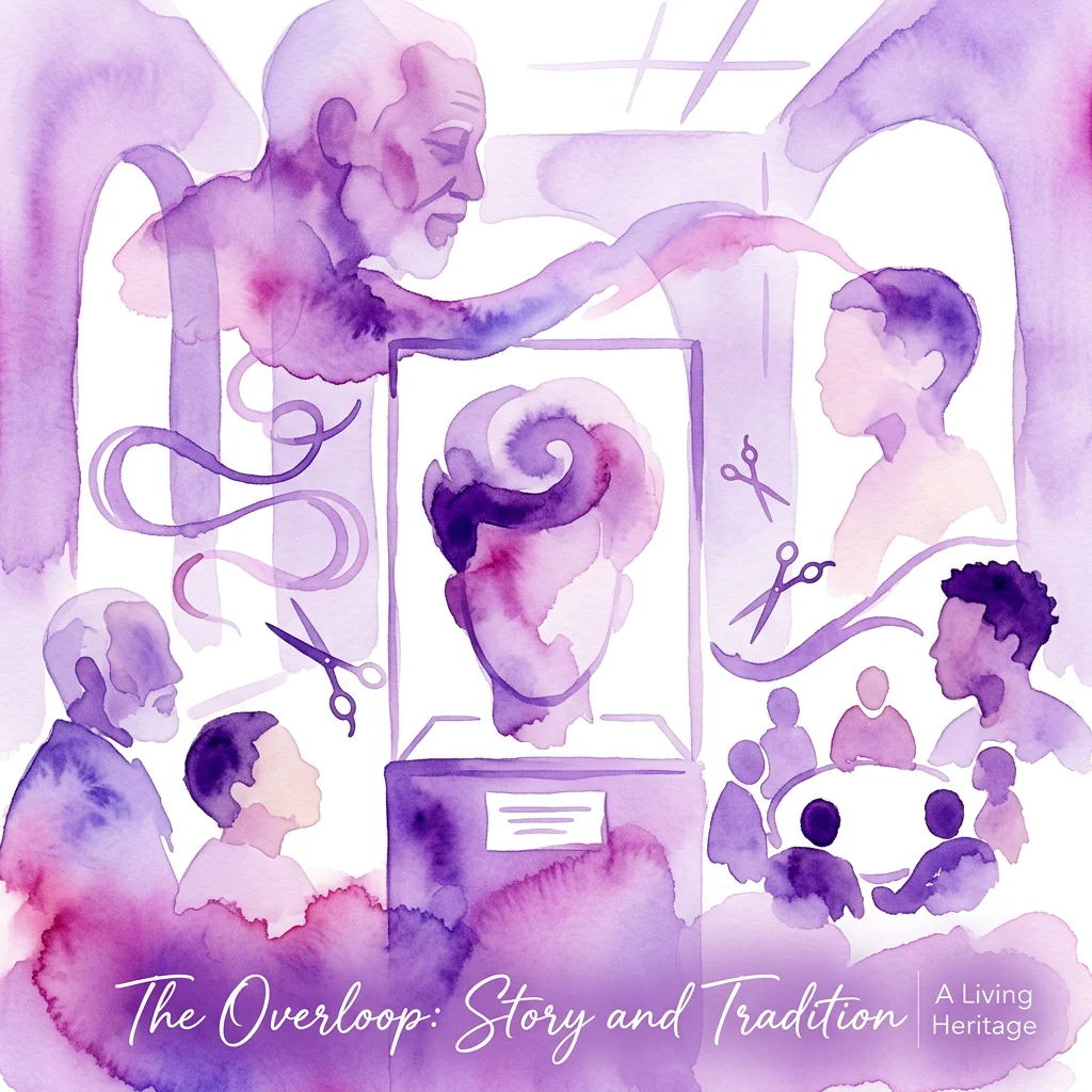 Una ilustración en acuarela de una instalación temporal de peluquería en el Museo Van Eesteren, con la exposición 'De Overloop: Historia y Tradición' que explora el significado cultural del corte de pelo 'overloop' a través de la fotografía y la narración.