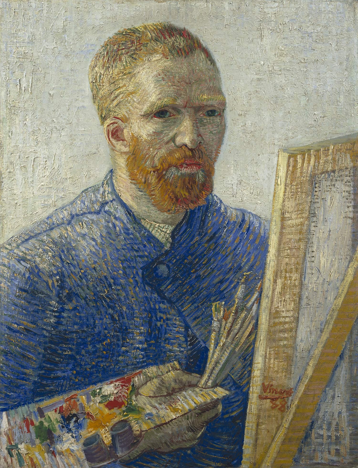 Autorretrato de Vincent van Gogh con chaqueta azul, barba roja y pinceles