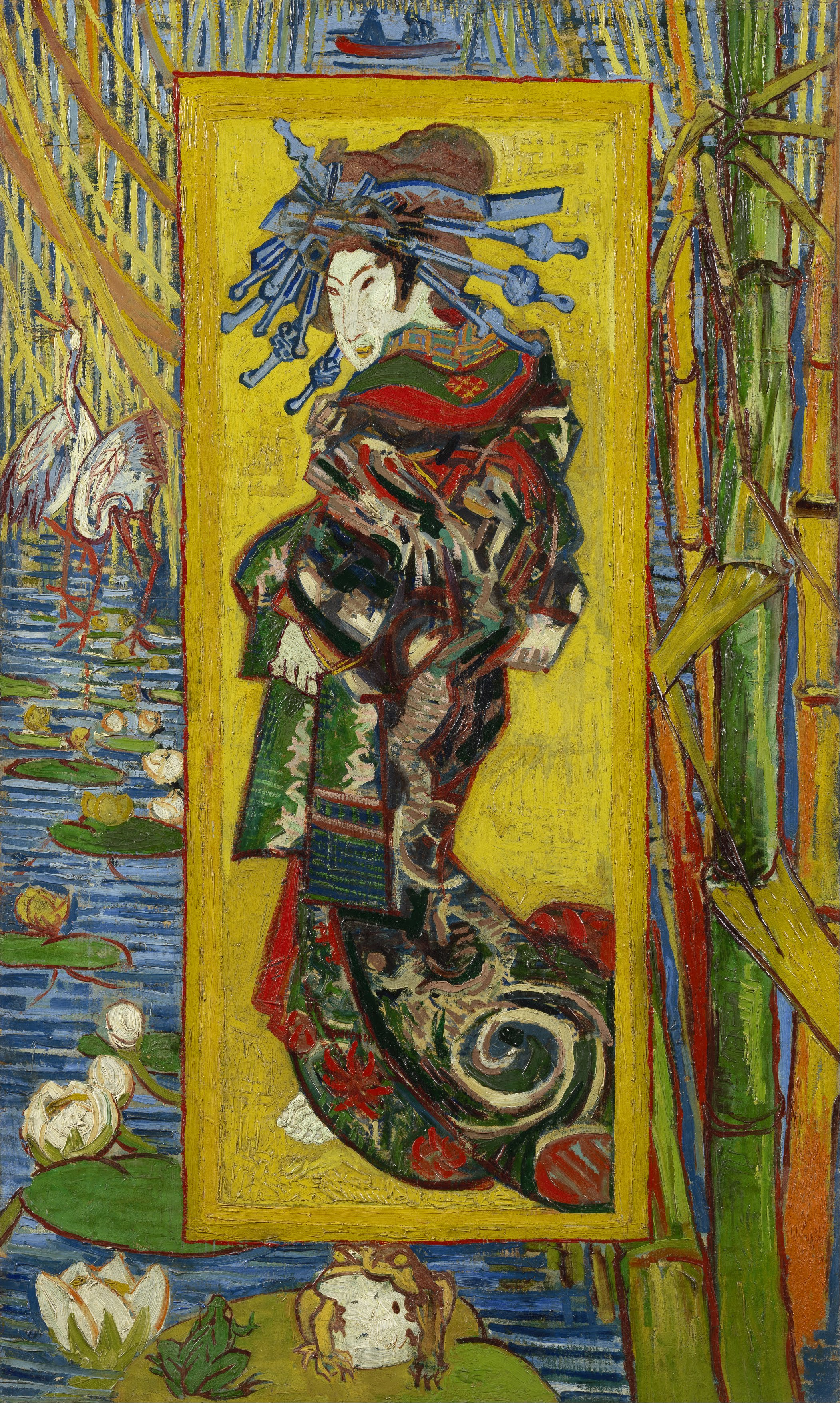 Una pintura de una cortesana con atuendo tradicional japonés, rodeada de nenúfares y bambú, con un fondo amarillo y pinceladas audaces