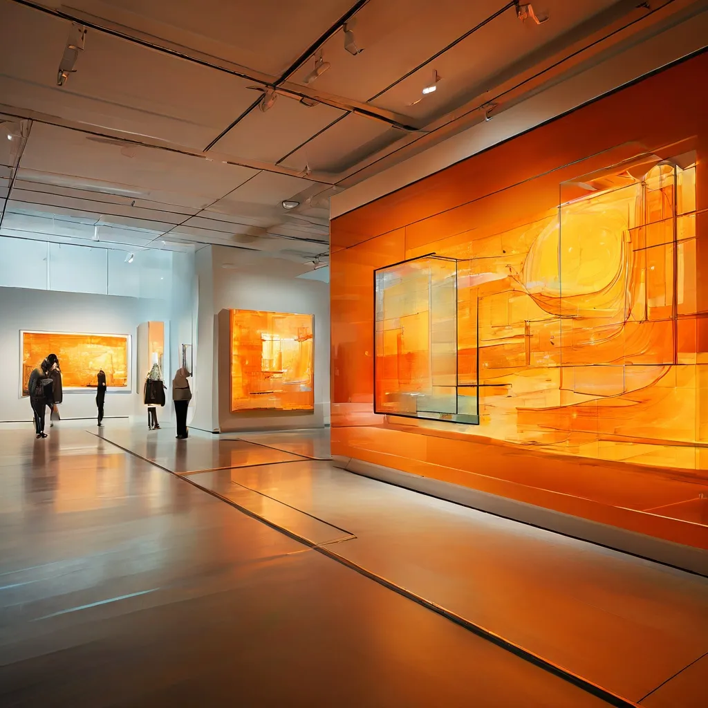 A modern museum gallery at the Van Gogh Museum featuring vibrant digital art projections on screens, symbolizing the institution's focus on preserving digital heritage.