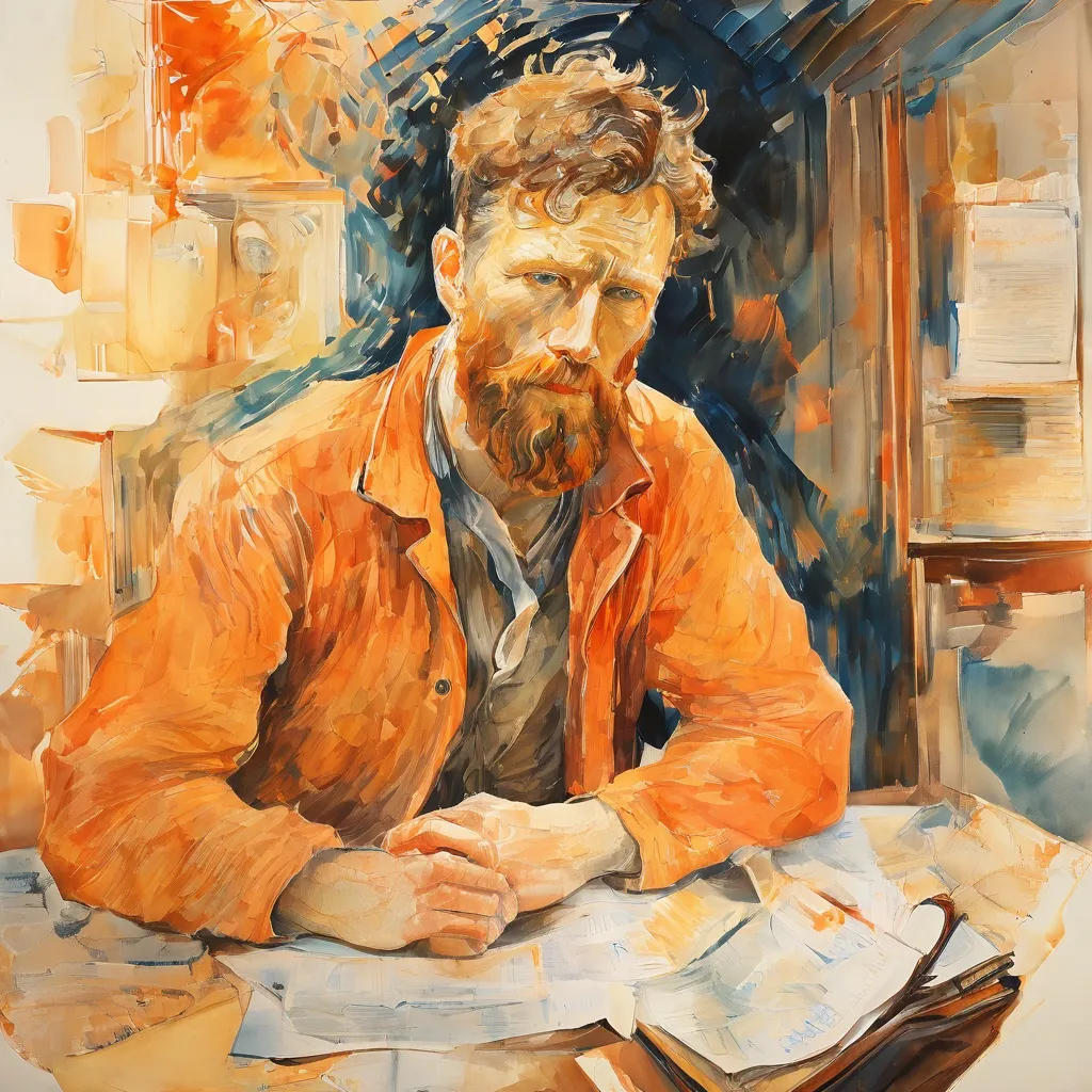 A thought-provoking conceptual image combining elements of Vincent van Gogh's distinctive brushwork with subtle visual metaphors for introspection and isolation, within a scholarly setting at the Van Gogh Museum.