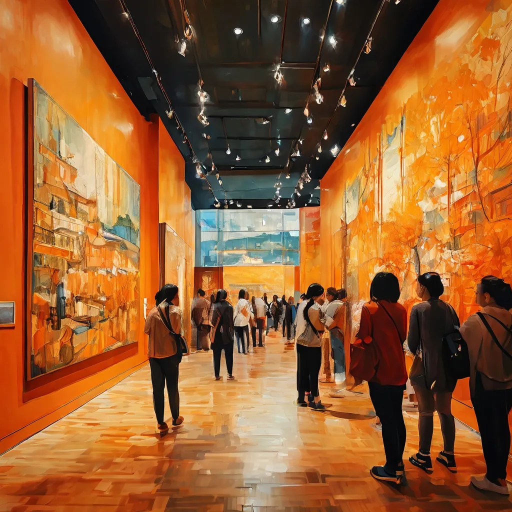 Una sala de exposiciones moderna en una ciudad asiática, que muestra obras reconocidas de Vincent van Gogh, con entusiastas del arte observando la colección.