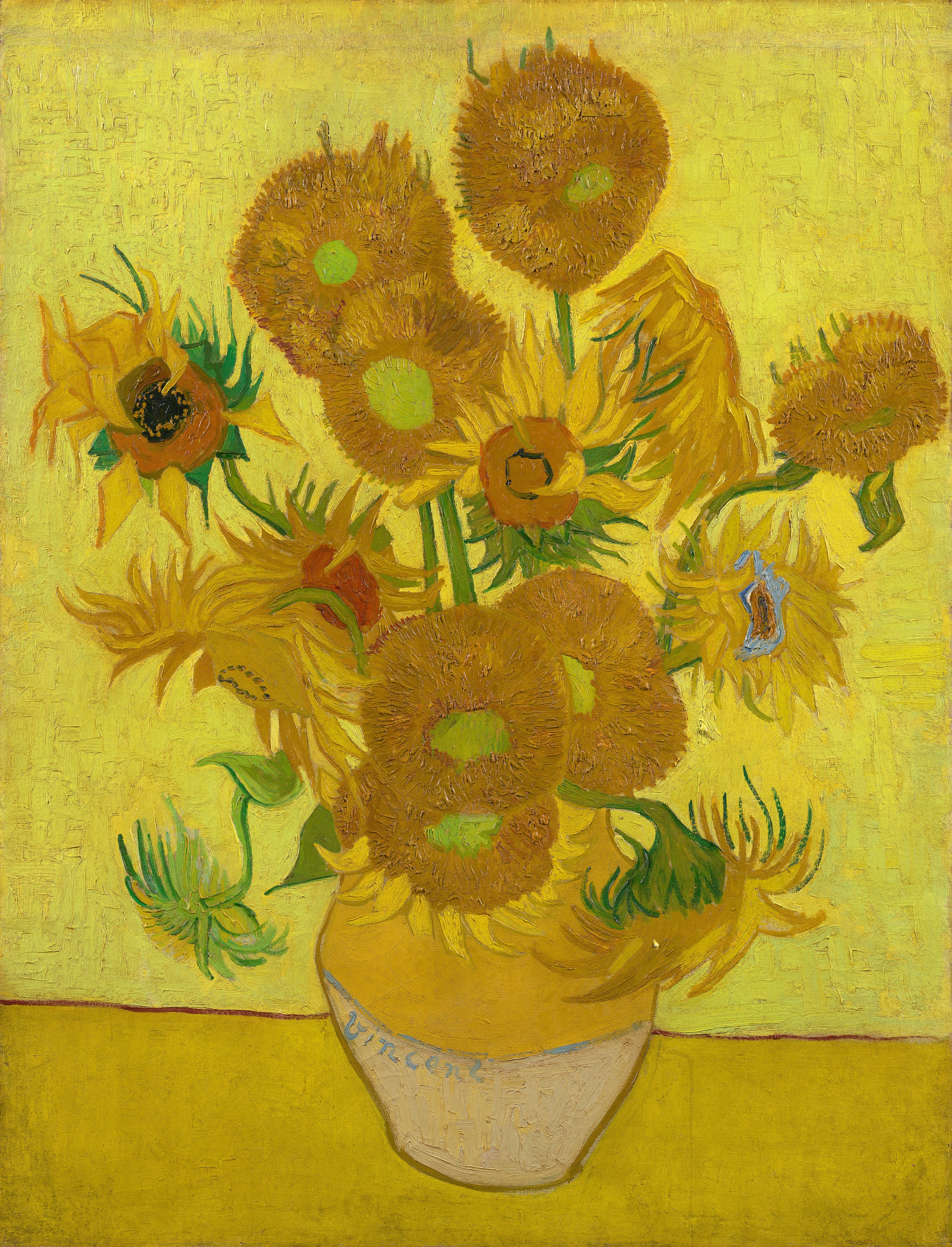 El cuadro de girasoles en un jarrón sobre fondo amarillo de Vincent van Gogh