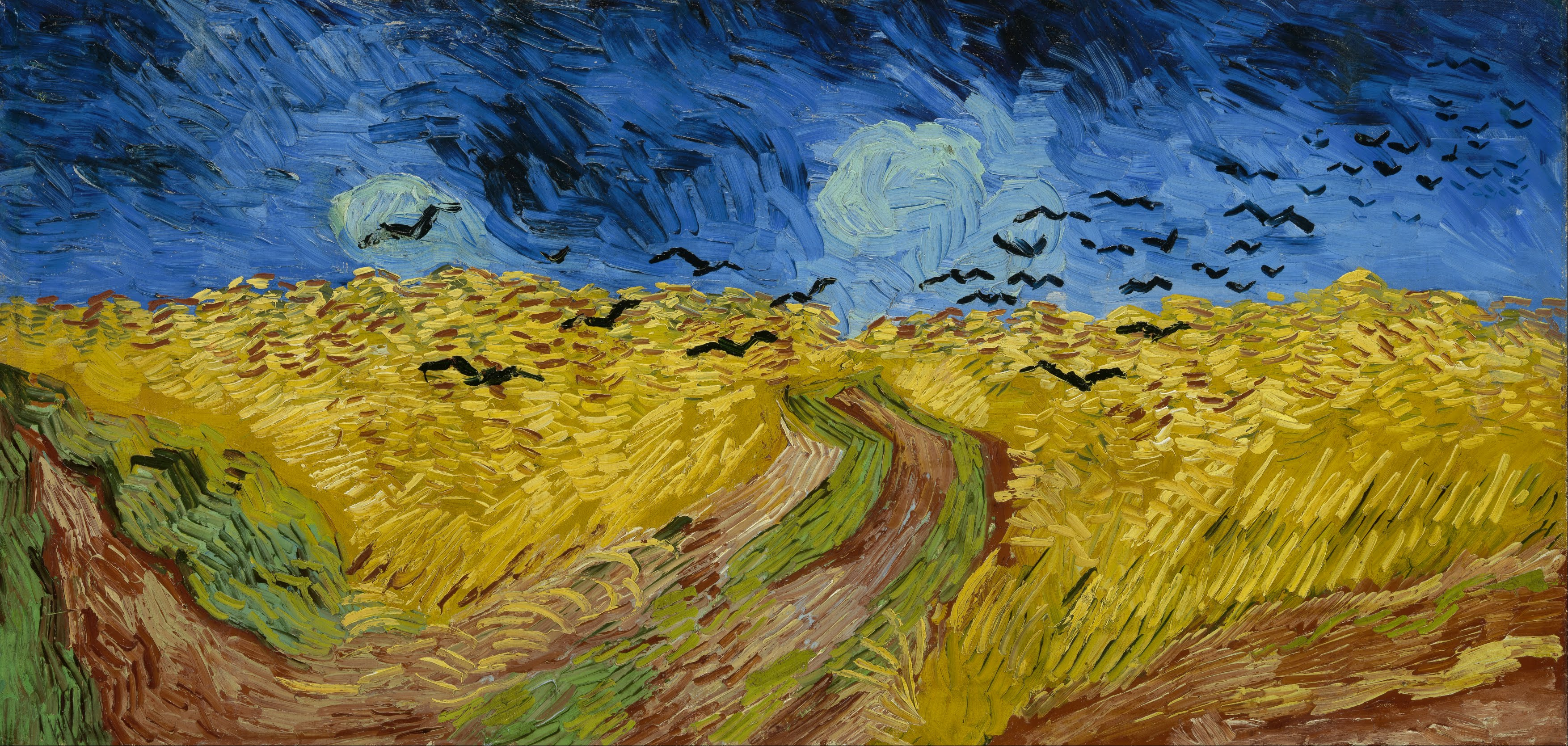 Pintura de Vincent van Gogh de un campo de trigo bajo un cielo azul turbulento con pájaros negros volando