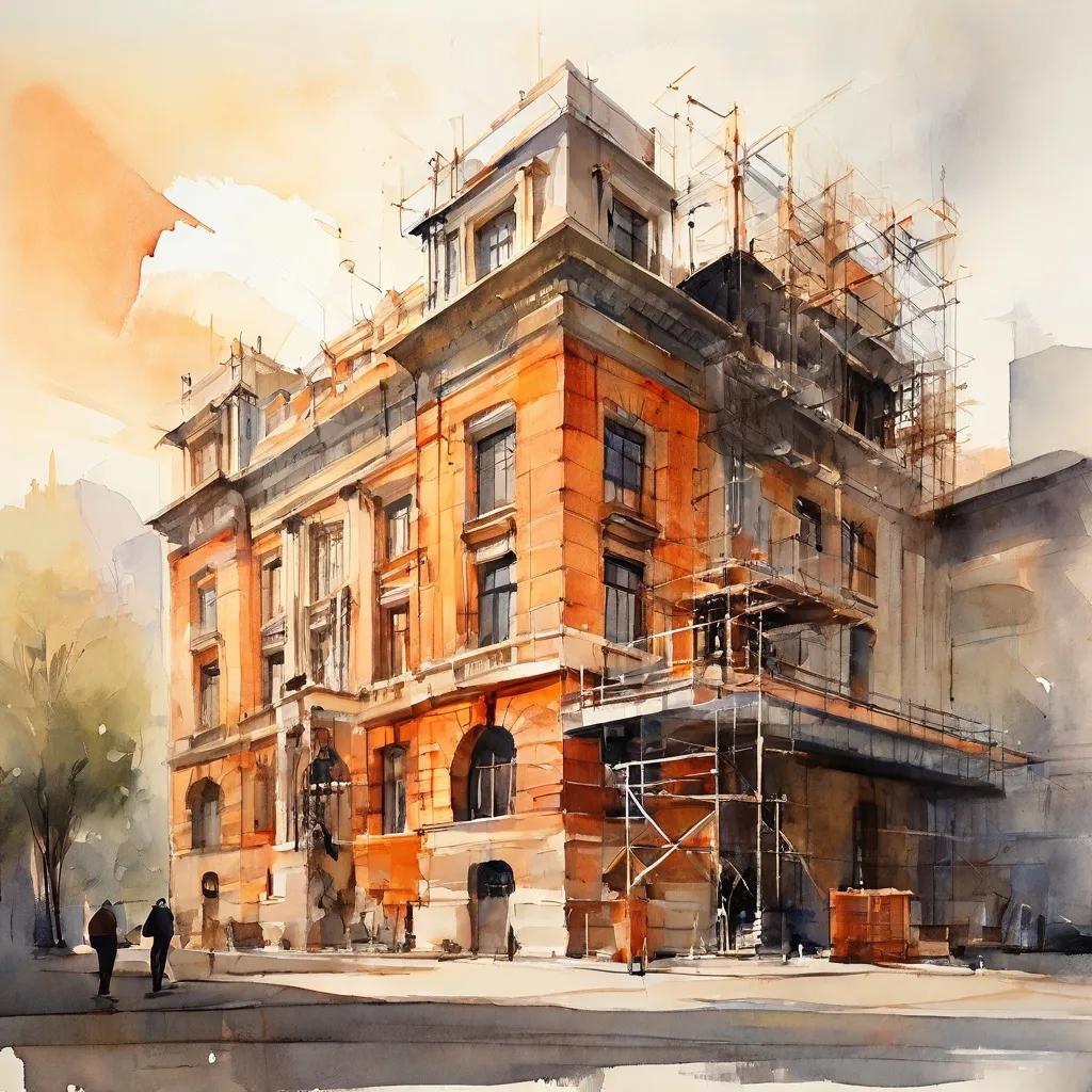 An artistic rendering of the Van Gogh Museum building with subtle indicators of ongoing construction or renovation work, suggesting modernization and preservation efforts.