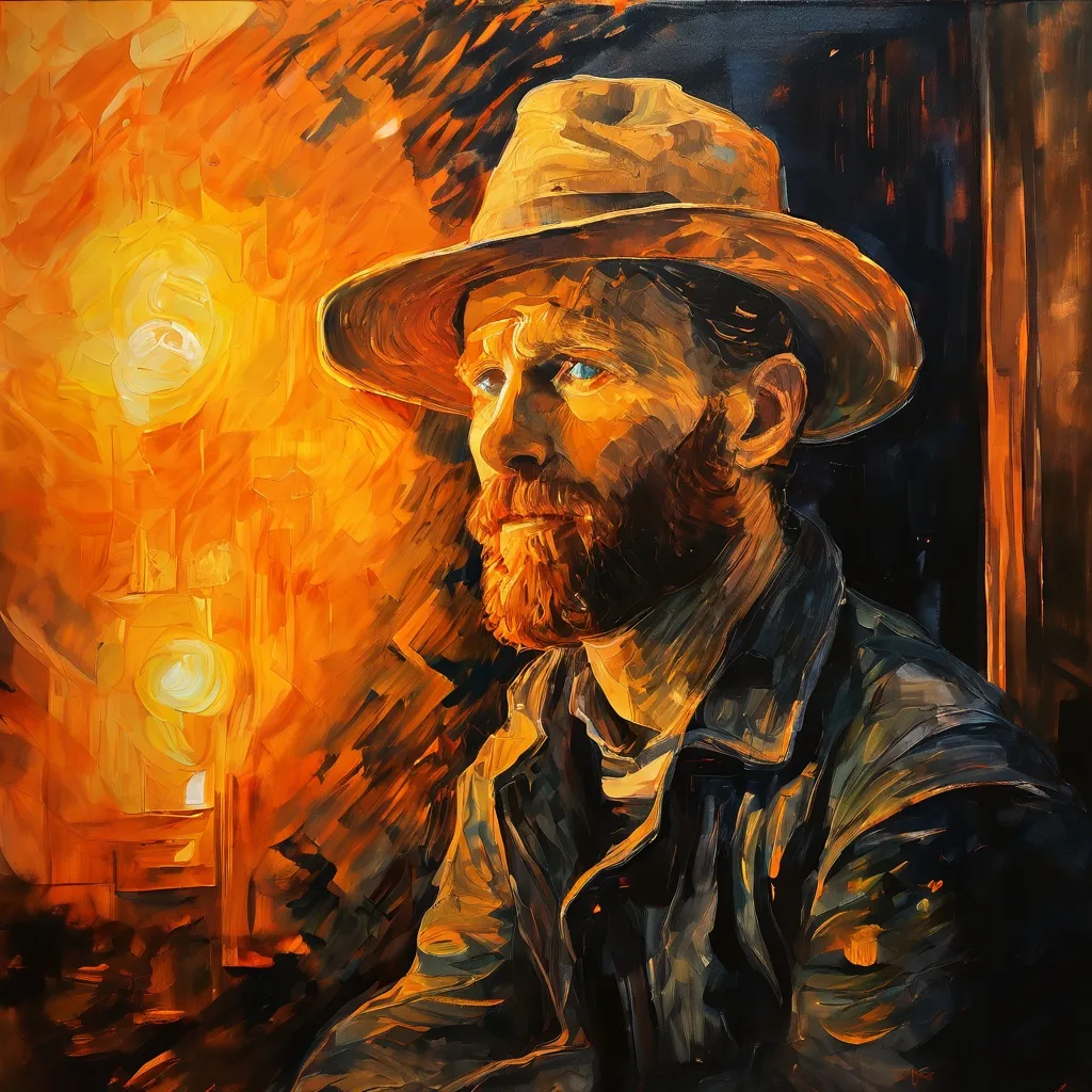 Una exhibición curada de autorretratos de Vincent van Gogh dentro de una galería de museo moderna en el Museo Van Gogh, bañada en luz suave y focalizada.