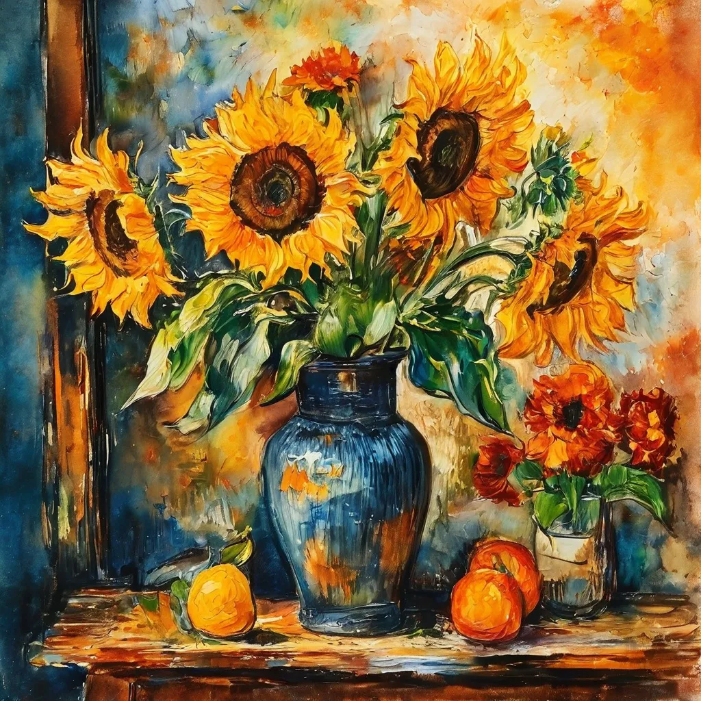 Artystyczna interpretacja barwnych obrazów kwiatowych Vincenta van Gogha, przedstawiająca bukiet słoneczników i irysów w holenderskim wnętrzu w Muzeum Van Gogha.