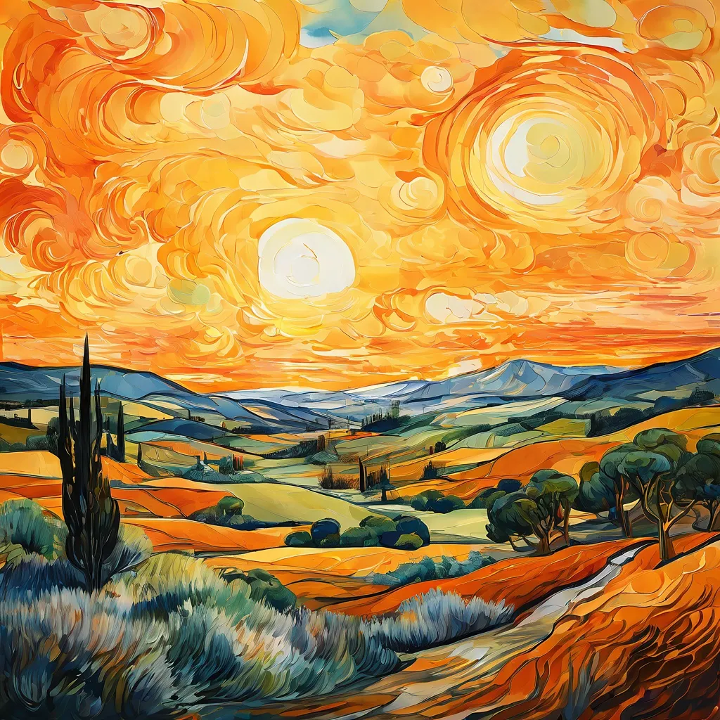 An artistic rendering of a vibrant landscape scene reminiscent of Vincent van Gogh's style, displayed within a bright gallery space at the Van Gogh Museum.